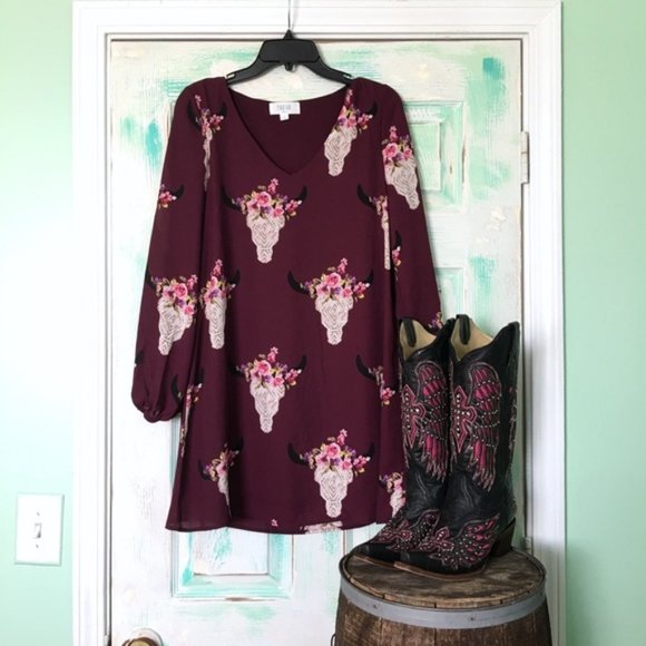 Peach Love California Wine Bull Skull Shift Dress - Picture 2 of 6